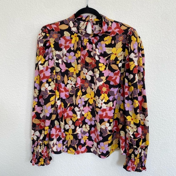 Who What Wear Floral Top Bohemian Garden High Neck Pleated Blouse Retro Colorful - Picture 1 of 9